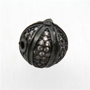 round copper beads pave zircon, black plated, approx 10mm dia