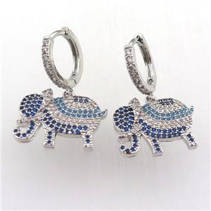 copper hoop earring pave zircon with elephant, platinum plated, approx 14-18mm, 14mm dia