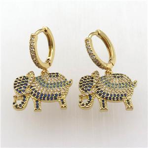 copper hoop earring pave zircon with elephant, gold plated, approx 14-18mm, 14mm dia