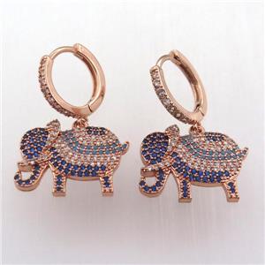 copper hoop earring pave zircon with elephant, rose gold, approx 14-18mm, 14mm dia