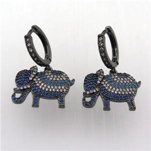 copper hoop earring pave zircon with elephant, black plated, approx 14-18mm, 14mm dia