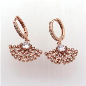 copper hoop earring pave zircon with fan, rose gold, approx 10-20mm, 14mm dia