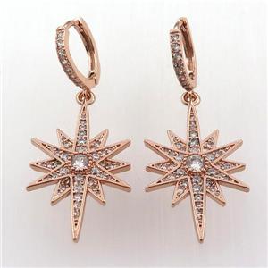 copper hoop earring pave zircon with northstar, rose gold, approx 18-30mm, 14mm dia