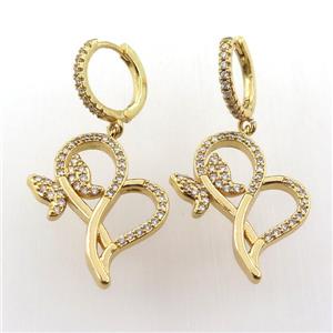 copper hoop earring pave zircon with butterfly, gold plated, approx 20-25mm, 14mm dia