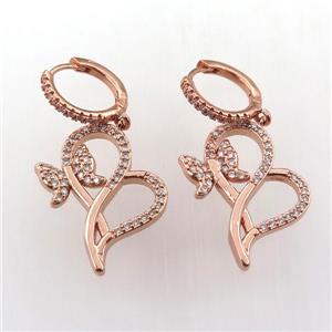 copper hoop earring pave zircon with butterfly, rose gold, approx 20-25mm, 14mm dia