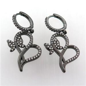 copper hoop earring pave zircon with butterfly, black plated, approx 20-25mm, 14mm dia