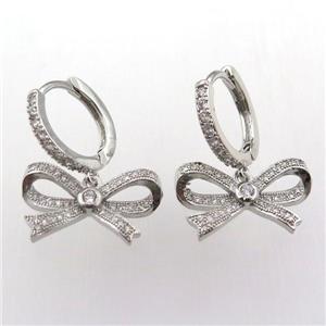 copper hoop earring pave zircon with ribbon, platinum plated, approx 11-18mm, 14mm dia