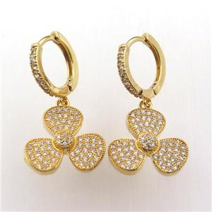 copper hoop earring pave zircon with clover, gold plated, approx 16mm dia, 14mm dia