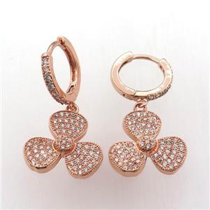 copper hoop earring pave zircon with clover, rose gold, approx 16mm dia, 14mm dia
