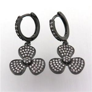 copper hoop earring pave zircon with clover, black plated, approx 16mm dia, 14mm dia