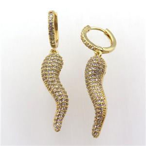 copper hoop earring pave zircon with comma, gold plated, approx 6-30mm, 14mm dia