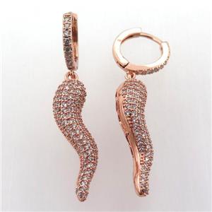 copper hoop earring pave zircon with comma, rose gold, approx 6-30mm, 14mm dia
