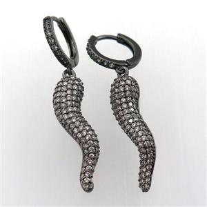 copper hoop earring pave zircon with comma, black plated, approx 6-30mm, 14mm dia