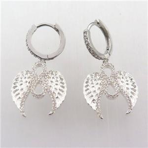 copper hoop earring pave zircon with angelwing, platinum plated, approx 18mm, 14mm dia