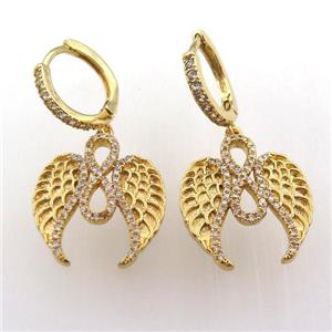 copper hoop earring pave zircon with angelwing, gold plated, approx 18mm, 14mm dia