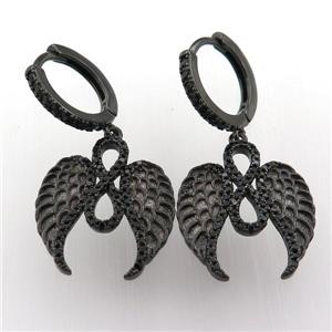 copper hoop earring pave zircon with angelwing, black plated, approx 18mm, 14mm dia