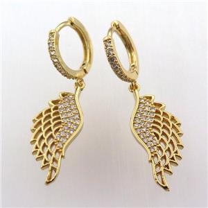 copper hoop earring pave zircon with angelwing, gold plated, approx 10-26mm, 14mm dia