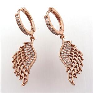 copper hoop earring pave zircon with angelwing, rose gold, approx 10-26mm, 14mm dia