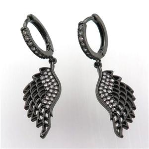 copper hoop earring pave zircon with angelwing, black plated, approx 10-26mm, 14mm dia