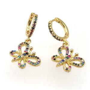 copper hoop earrings paved zircon with butterfly, gold plated, approx 13-18mm, 14mm dia
