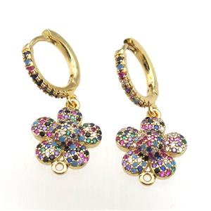 copper hoop earrings paved zircon with flower, gold plated, approx 13.5mm dia, 14mm dia