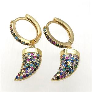 copper hoop earrings paved zircon with horn, gold plated, approx 8-14mm, 14mm dia