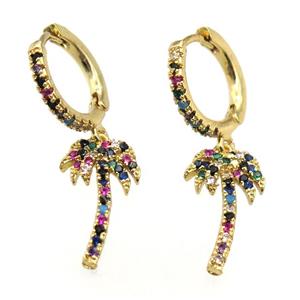 copper hoop earrings paved zircon with coconut-tree, gold plated, approx 9-19mm, 14mm dia