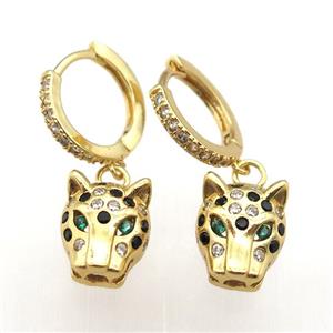 copper hoop earrings paved zircon with leopardhead, gold plated, approx 10-12mm, 14mm dia