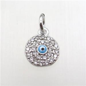 copper circle pendant paved zircon, eye, platinum plated, approx 8mm dia