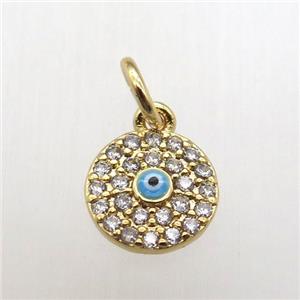 copper circle pendant paved zircon, eye, gold plated, approx 8mm dia