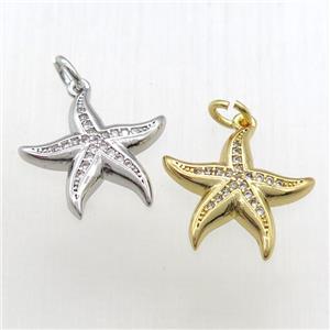 copper starfish pendant paved zircon, mixed color, approx 17mm dia