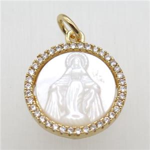 copper circle pendant paved zircon, shell Jesus, gold plated, approx 15mm dia
