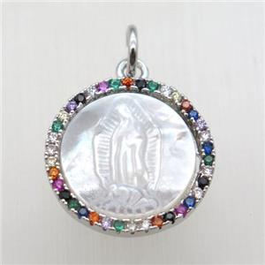 copper circle pendant paved zircon, shell Jesus, platinum plated, approx 15mm dia