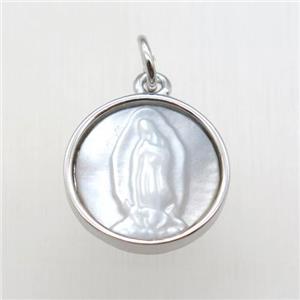 copper circle pendant with shell jesus, platinum plated, approx 13.5mm dia