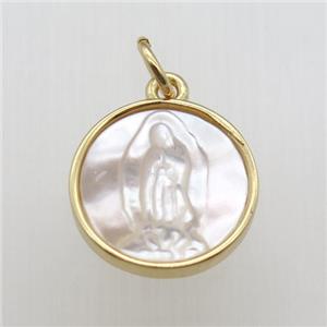 copper circle pendant with shell jesus, gold plated, approx 13.5mm dia