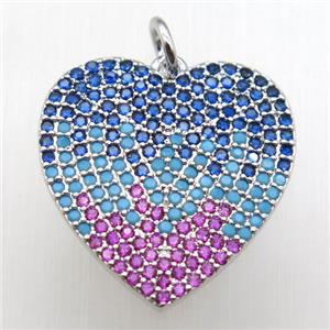 copper heart pendant paved zircon, platinum plated, approx 20mm dia