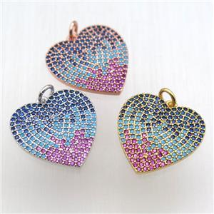 copper heart pendant paved zircon, mixed color, approx 20mm dia