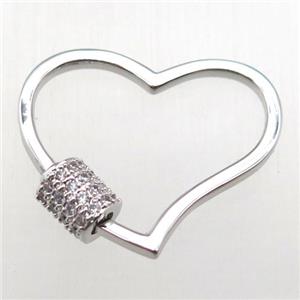 copper heart carabiner lock pendant paved zircon, platinum plated, approx 20-25mm