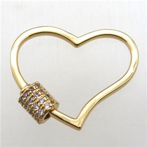 copper heart carabiner lock pendant paved zircon, gold plated, approx 20-25mm