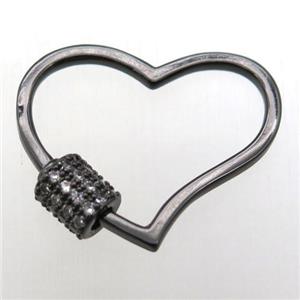 copper heart carabiner lock pendant paved zircon, black plated, approx 20-25mm