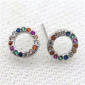 copper studs earring paved zircon, circle, platinum plated, approx 9mm dia