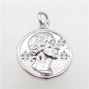 copper coin pendant, platinum plated, approx 15mm dia