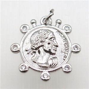 copper coin pendant pave zircon, platinum plated, approx 20mm dia