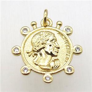 copper coin pendant pave zircon, gold plated, approx 20mm dia