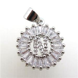 copper letter-N pendant paved zircon, platinum plated, approx 15mm dia