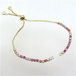 copper bracelet chain paved zircon, multi color, gold plated, approx 3mm, 12cm length