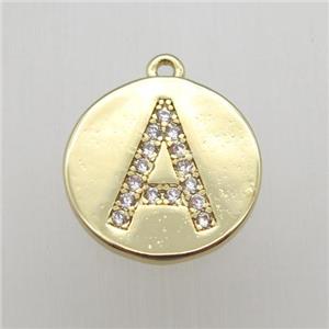 copper letter-A pendant pave zircon, gold plated, approx 14mm dia