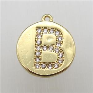 copper letter-B pendant pave zircon, gold plated, approx 14mm dia