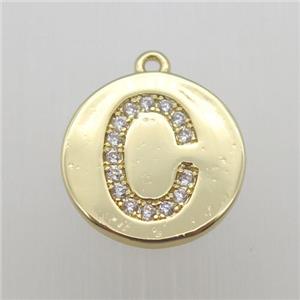 copper letter-C pendant pave zircon, gold plated, approx 14mm dia