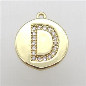 copper letter-D pendant pave zircon, gold plated, approx 14mm dia